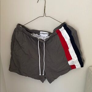 Gray Swim Shorts with Red and Navy Stripe, size 3